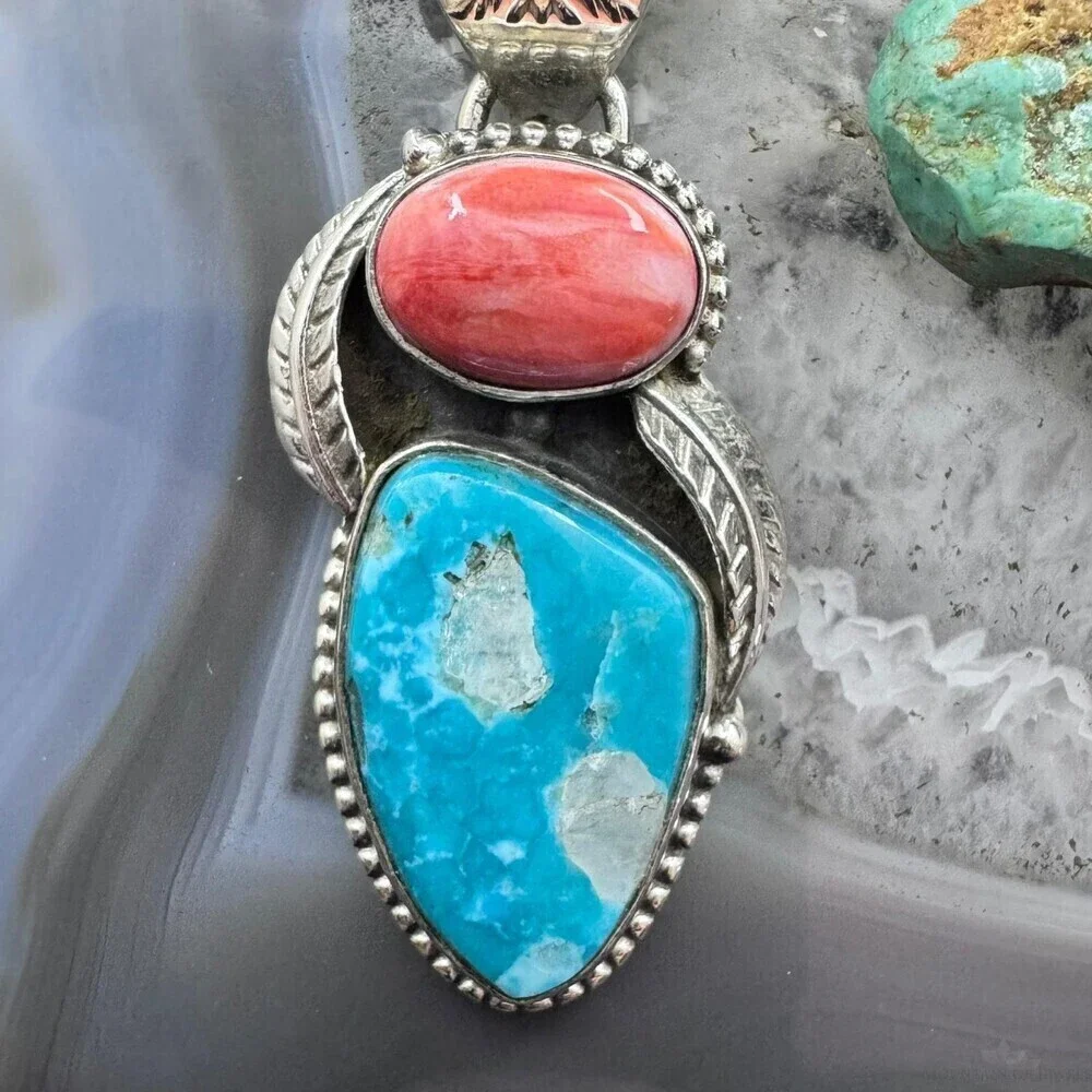 Native American Sterling Oval Orange Spiny Oyster W/Triangular Turquoise Pendant